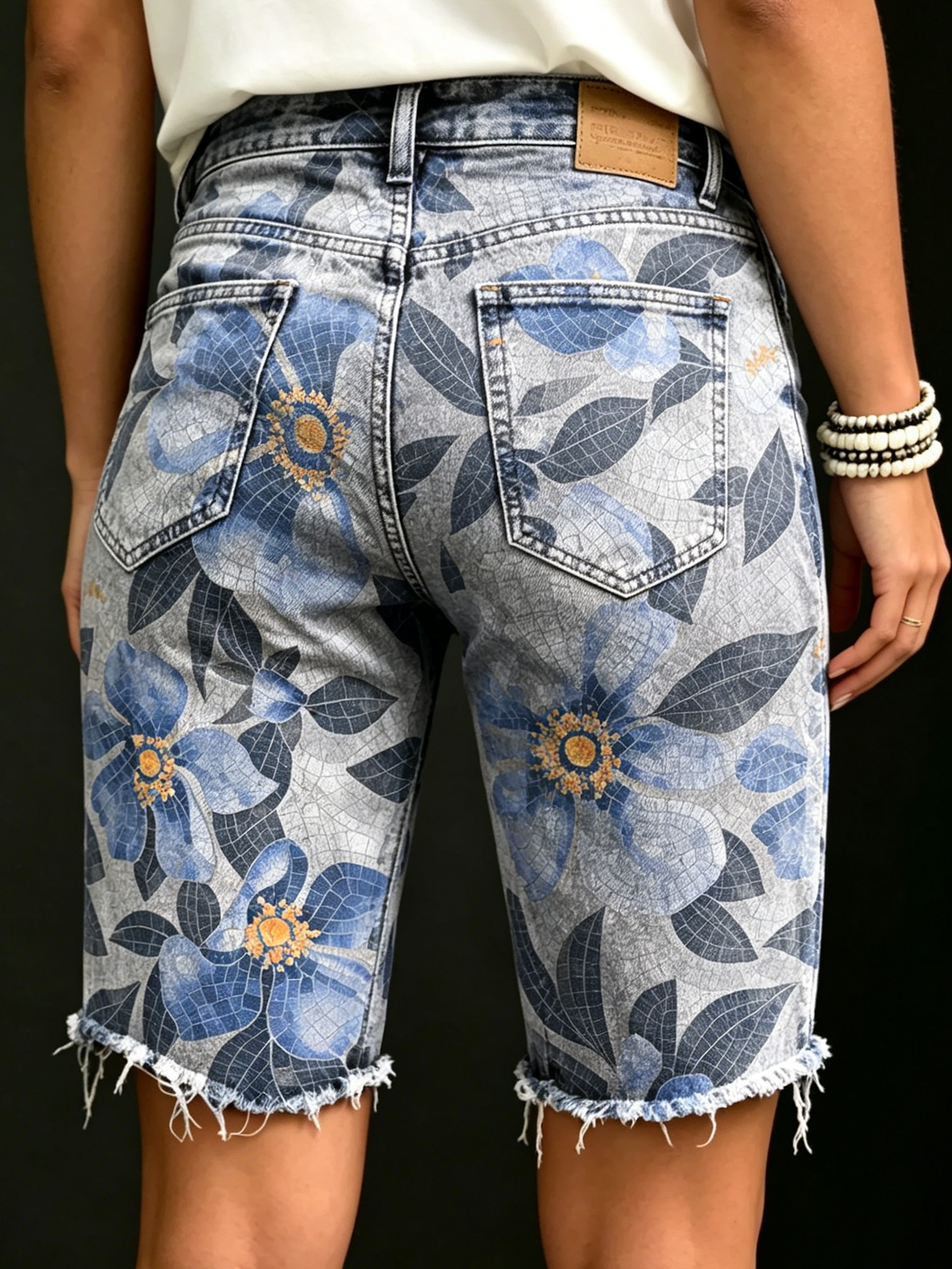 Women's Vintage Blue Floral Print Casual Denim Shorts