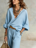 Women's V-neck Top Wide-leg Pants Light Blue Linen Two-piece Set
