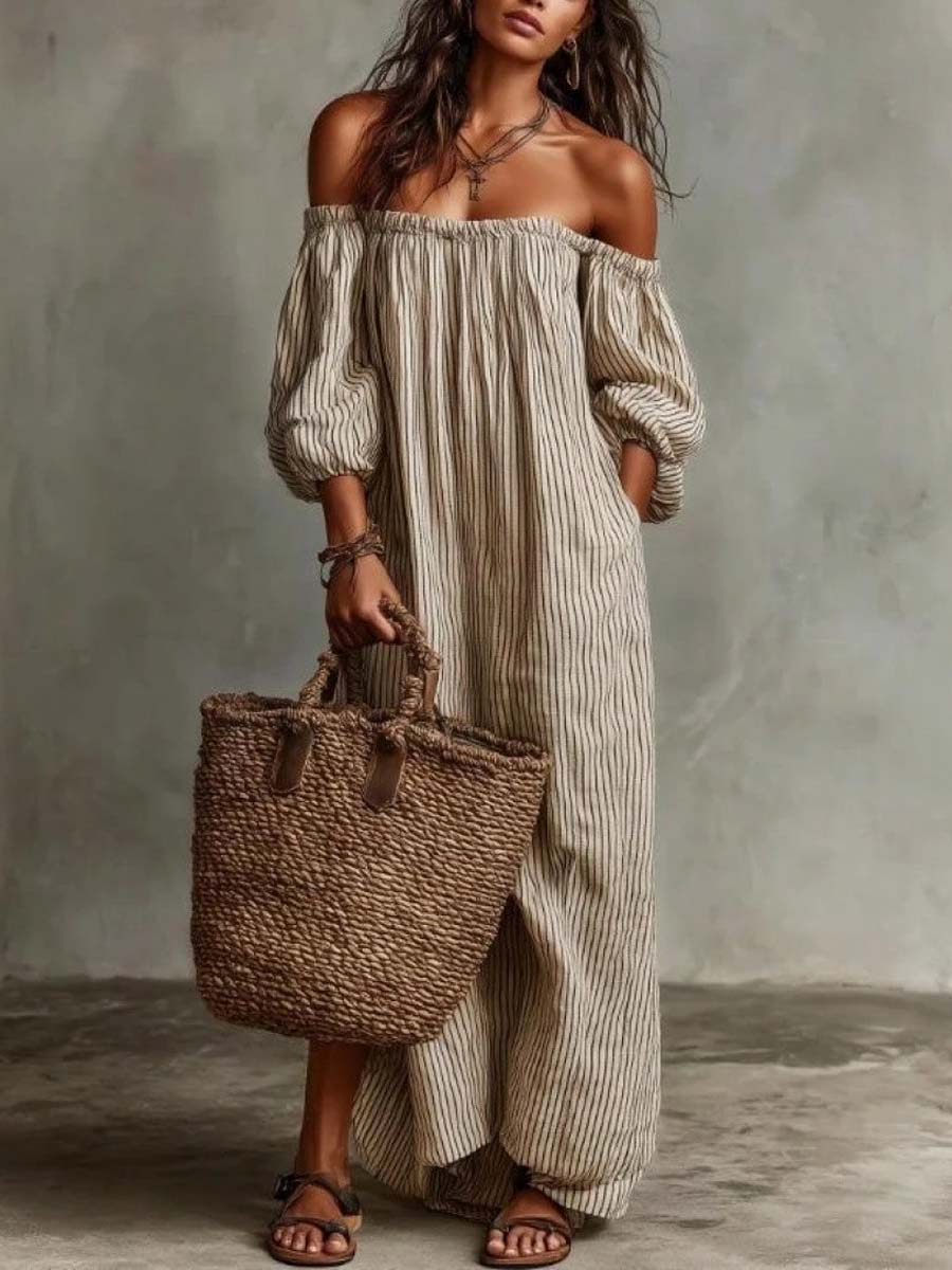 Women's Striped Off-shoulder Maxi Dress With Puff Sleeves