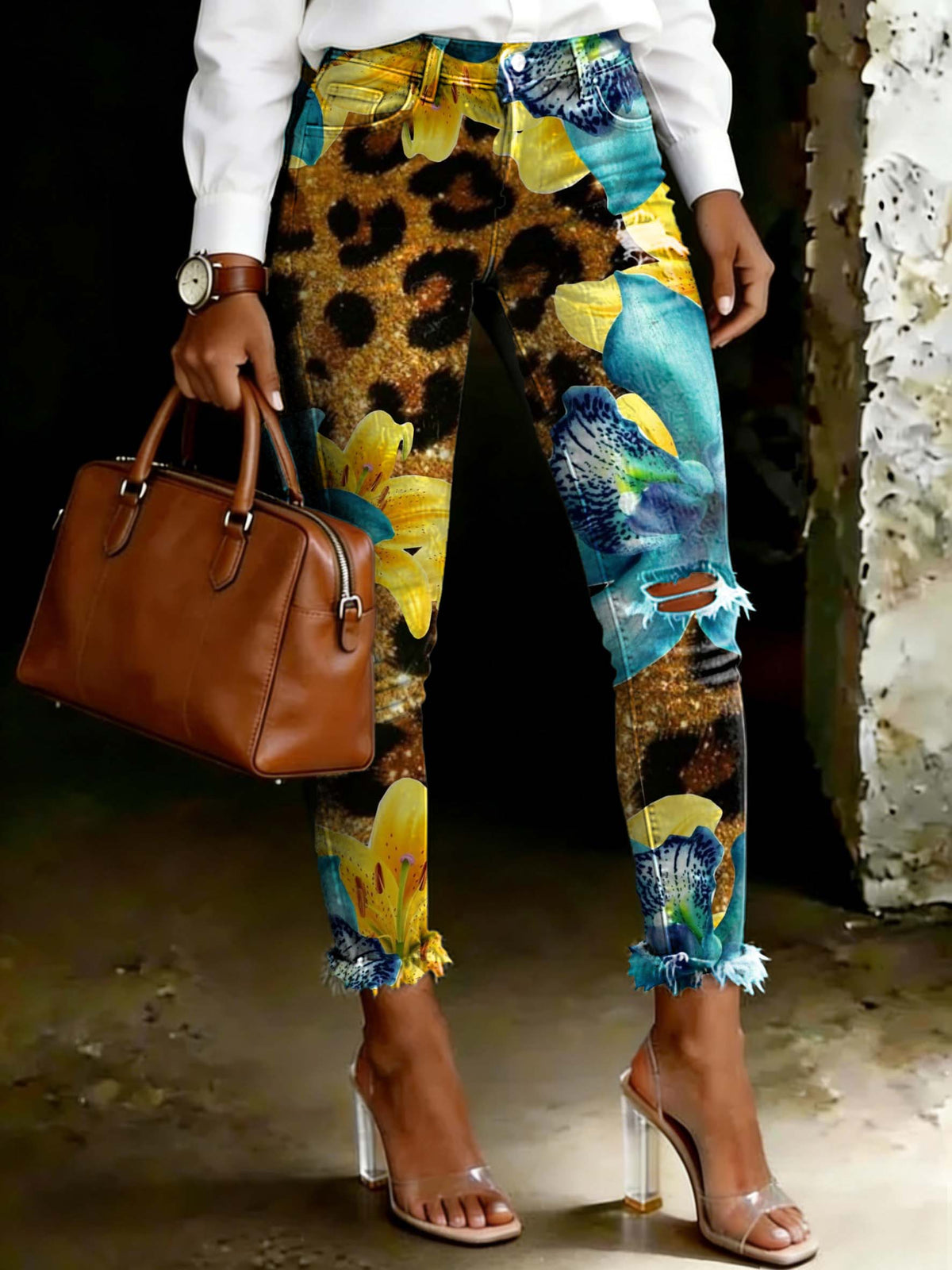 Women's Colorful Flower Leopard Print Art Ripped Skinny Jeans