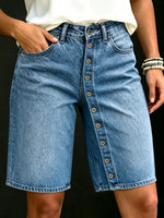 Women's Washed Straight-leg Denim Shorts With Button Detail