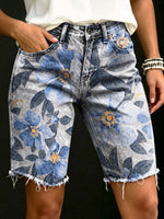 Women's Vintage Blue Floral Print Casual Denim Shorts