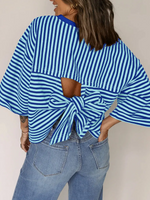 Women's Casual Crew-neck Striped Short-sleeve Top With Back Tie-bow Detail