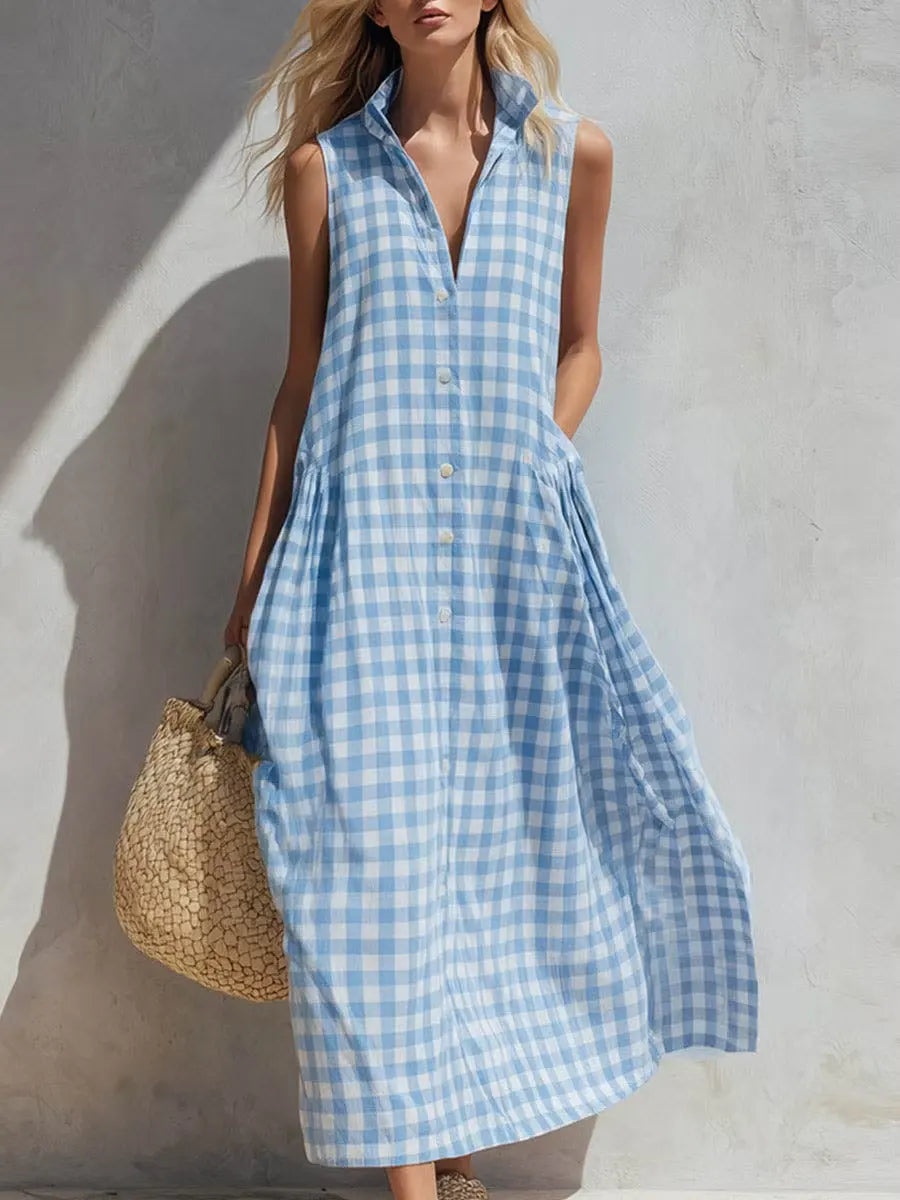 Women's Casual Blue Plaid Print Ruffles Cotton Sleeveless Dress