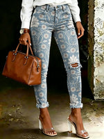 Women's Vintage Ethnic Floral Print Casual High-waisted Ripped Skinny Jeans