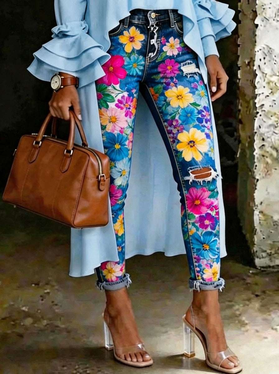 Women's Multicolor Floral Art Print Art Ripped Skinny Jeans