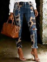 Women's Leopard Print Art Ripped Skinny Jeans