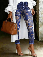 Women's Vintage Floral Print Casual High-waisted Ripped Skinny Jeans