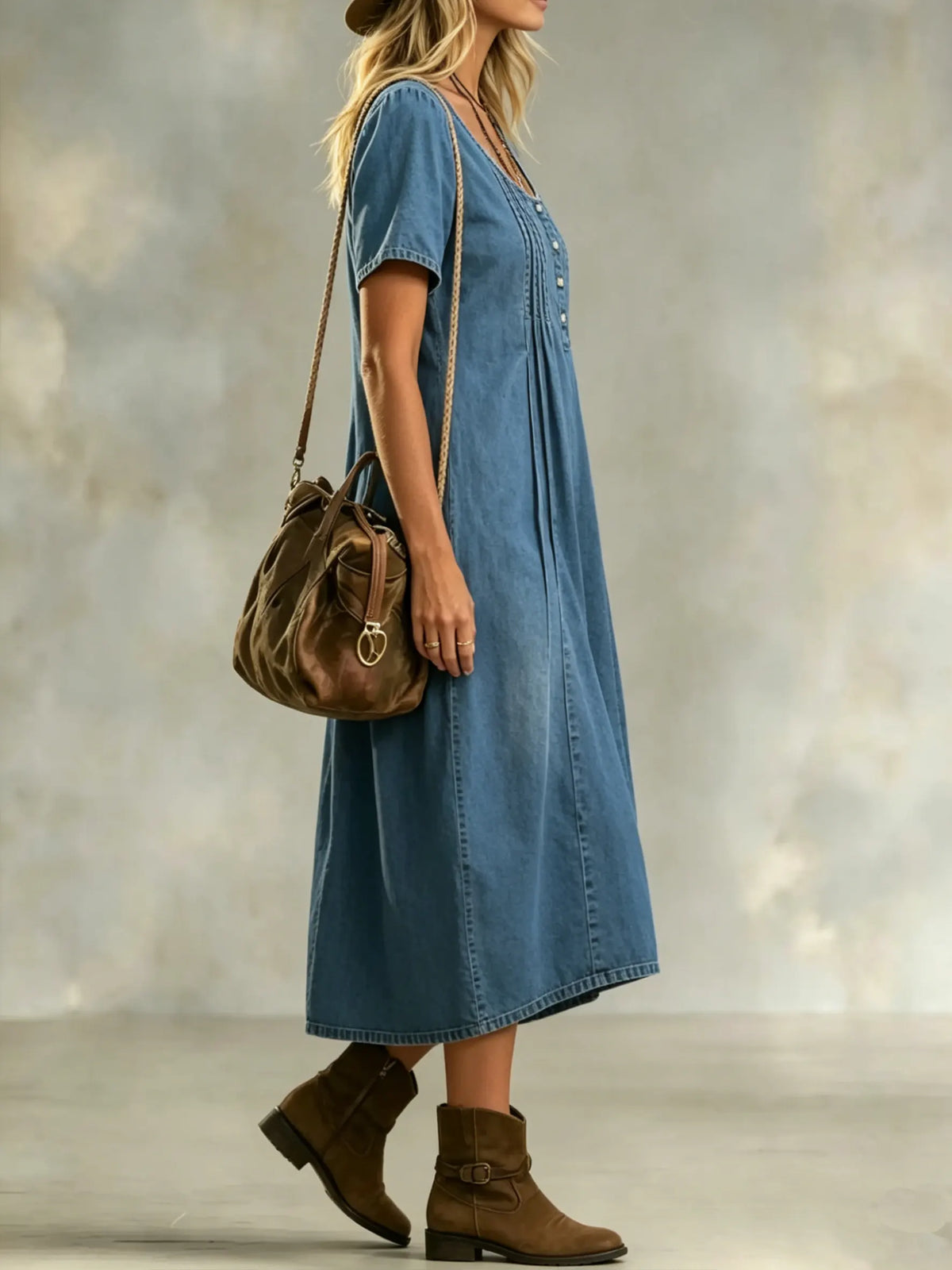 Women's Solid Denim Cotton Pleated Short Sleeve Casual Dress