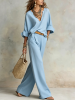 Women's V-neck Top Wide-leg Pants Light Blue Linen Two-piece Set