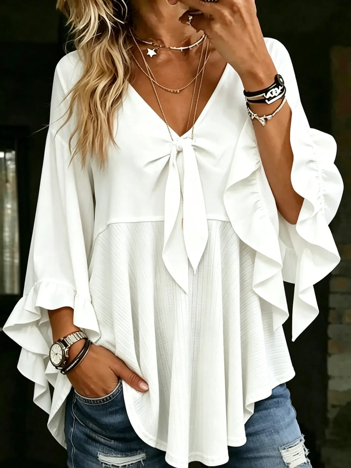 Women's V-neck Tie Front Ruffle Blouse