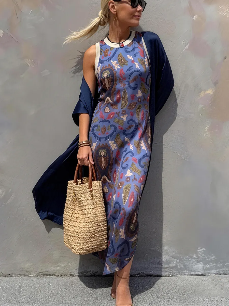 Women's Retro Floral Print Two-piece Set Sleeveless Dress And Cotton Outerwear