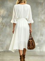 Elegant V-neck Wrap Midi Dress With Ruffle Sleeves
