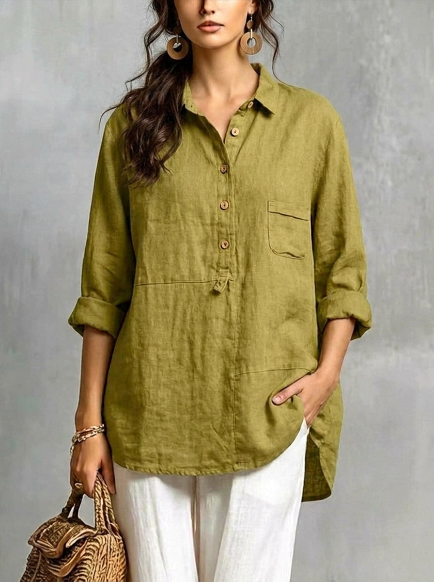 Women's Lapel Neck Casual Solid Colour Cotton And Linen Long Sleeve Shirt