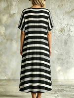 Women's Black and White Striped V-Neck Midi Dress - Casual Loose Fit Short Sleeve Caftan Maxi Dress