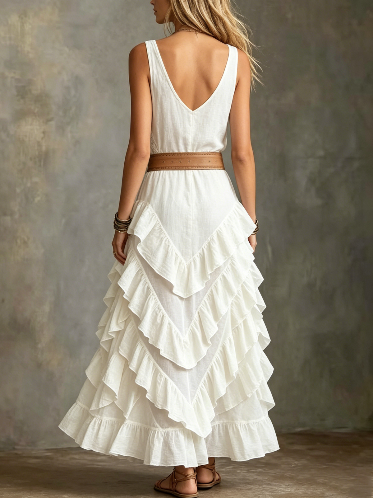 Women's V-Neck White Tiered Ruffle Maxi Dress