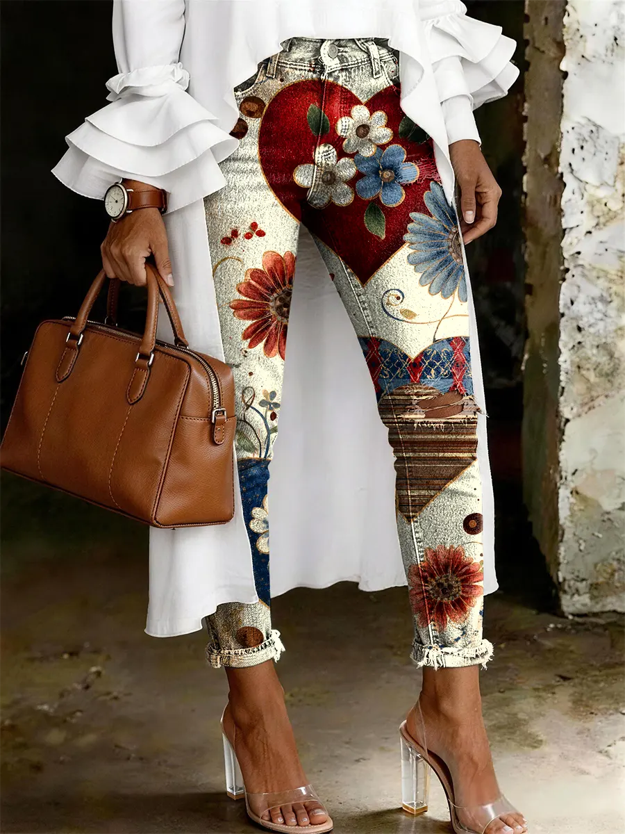 Women's Fashion Casual Vintage Floral Heart Design Print Ripped Skinny Jeans