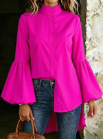 Women's Solid Color Stand-up Collar Puff Sleeve Top Slim Fit Lapel Shirt