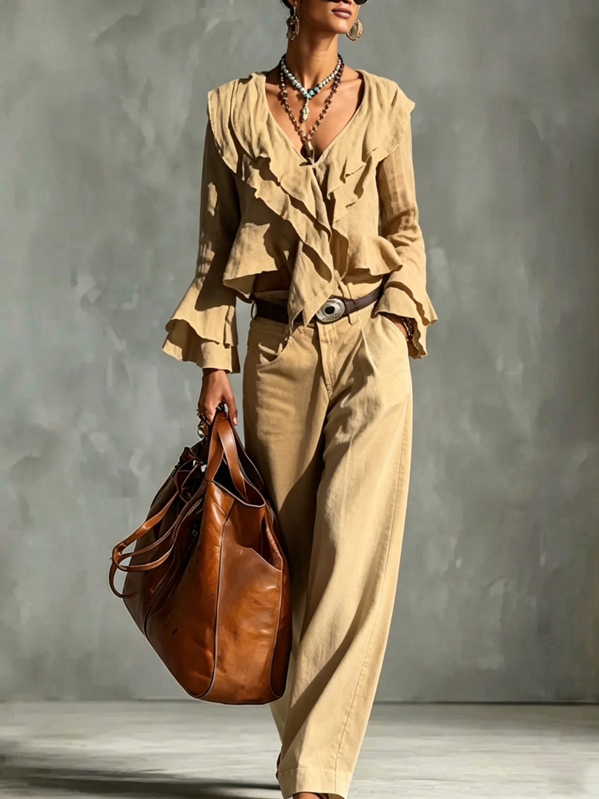 Women's Linen Ruffled Shirt Trousers Set