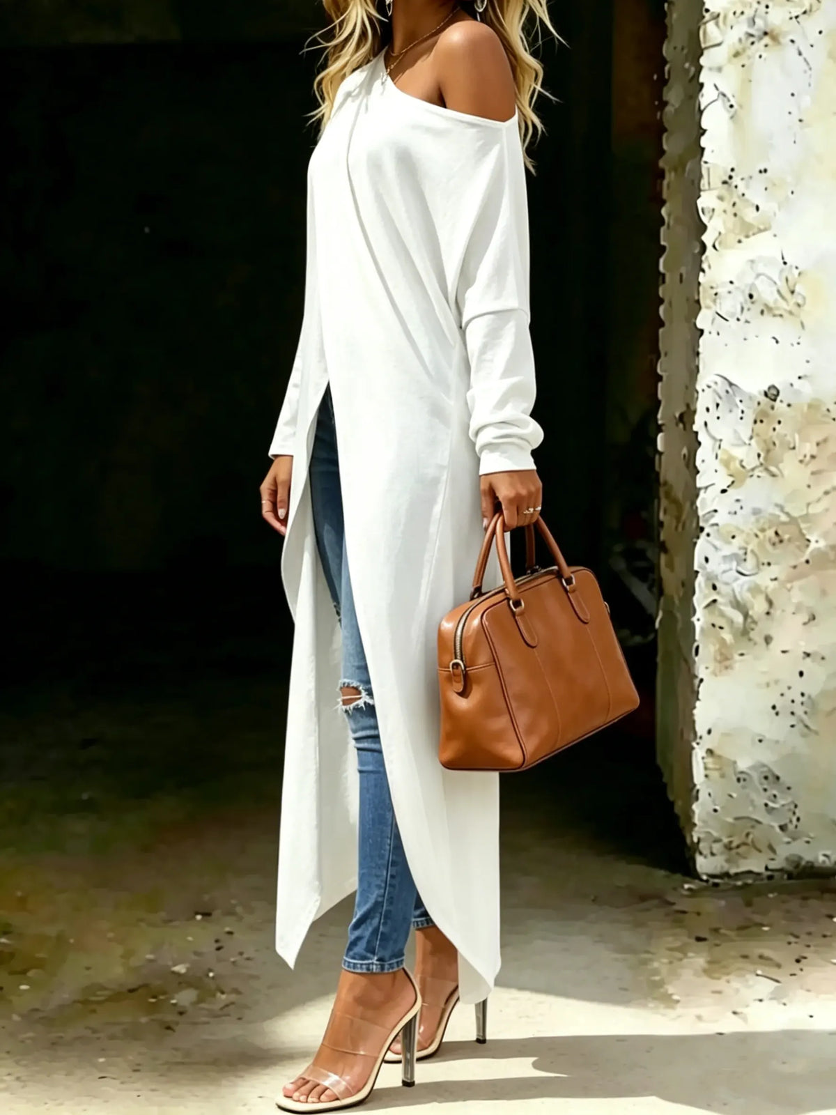 Women's Off Shoulder High Low Irregular Asymmetric Tunic Blouse