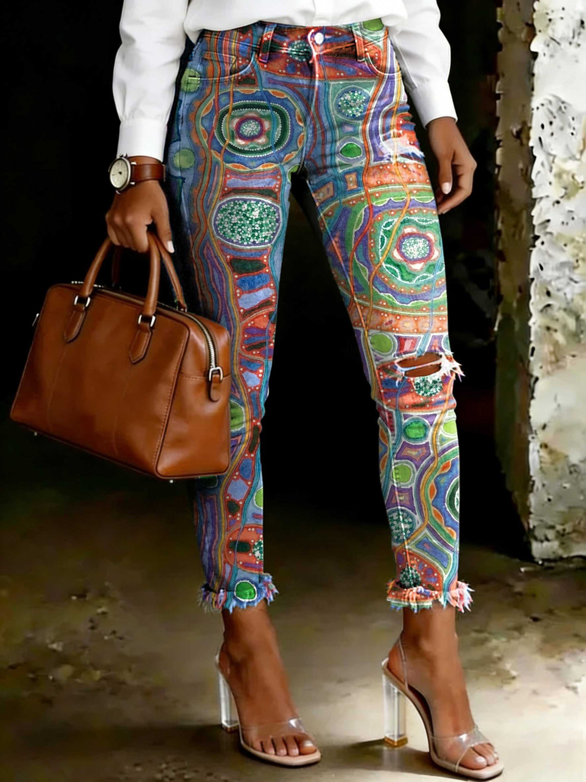Women's Floral Art Print Art Ripped Skinny Jeans