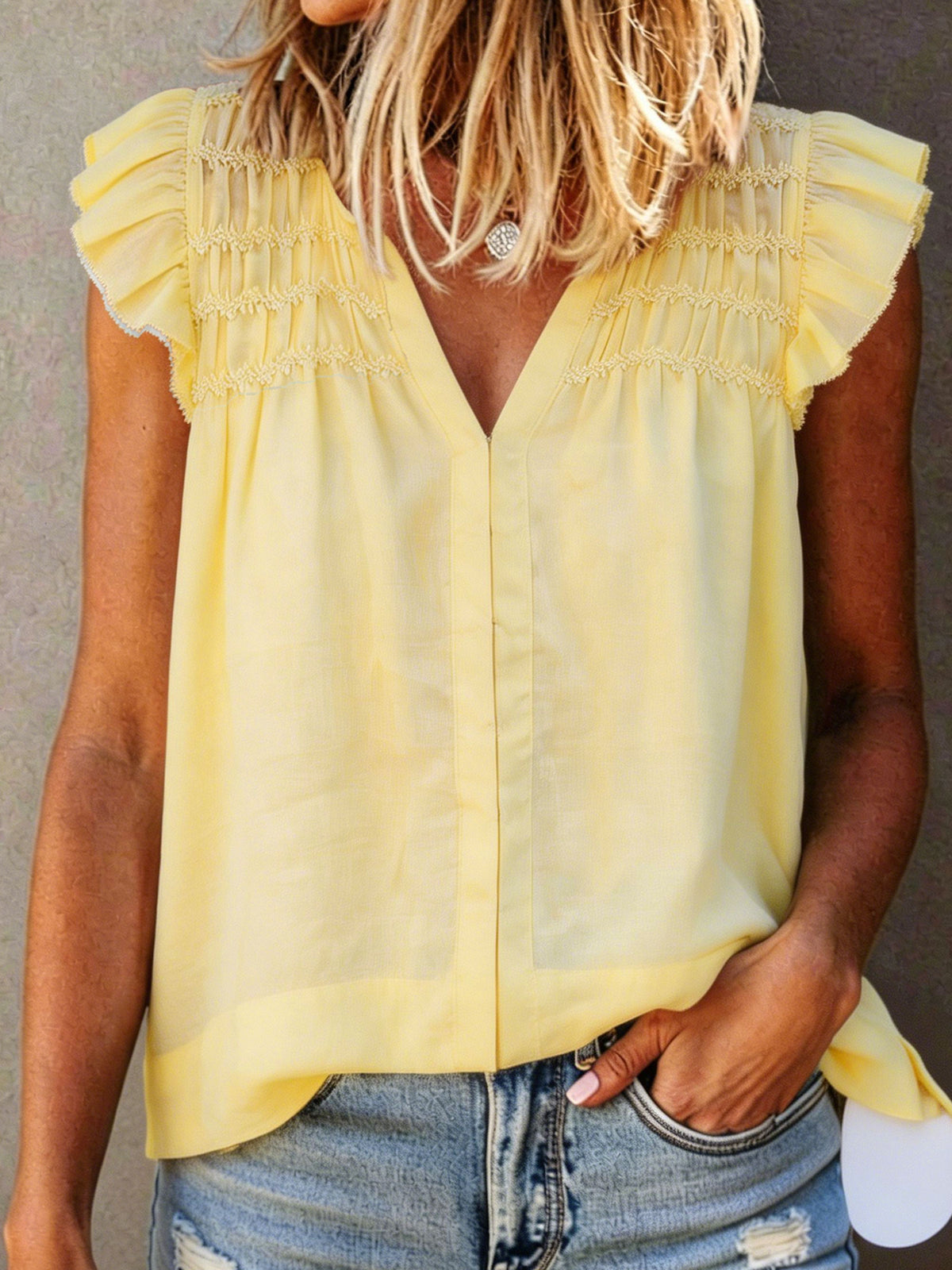 Women's V-neck Ruffled Edges Flutter Sleeves Blouse