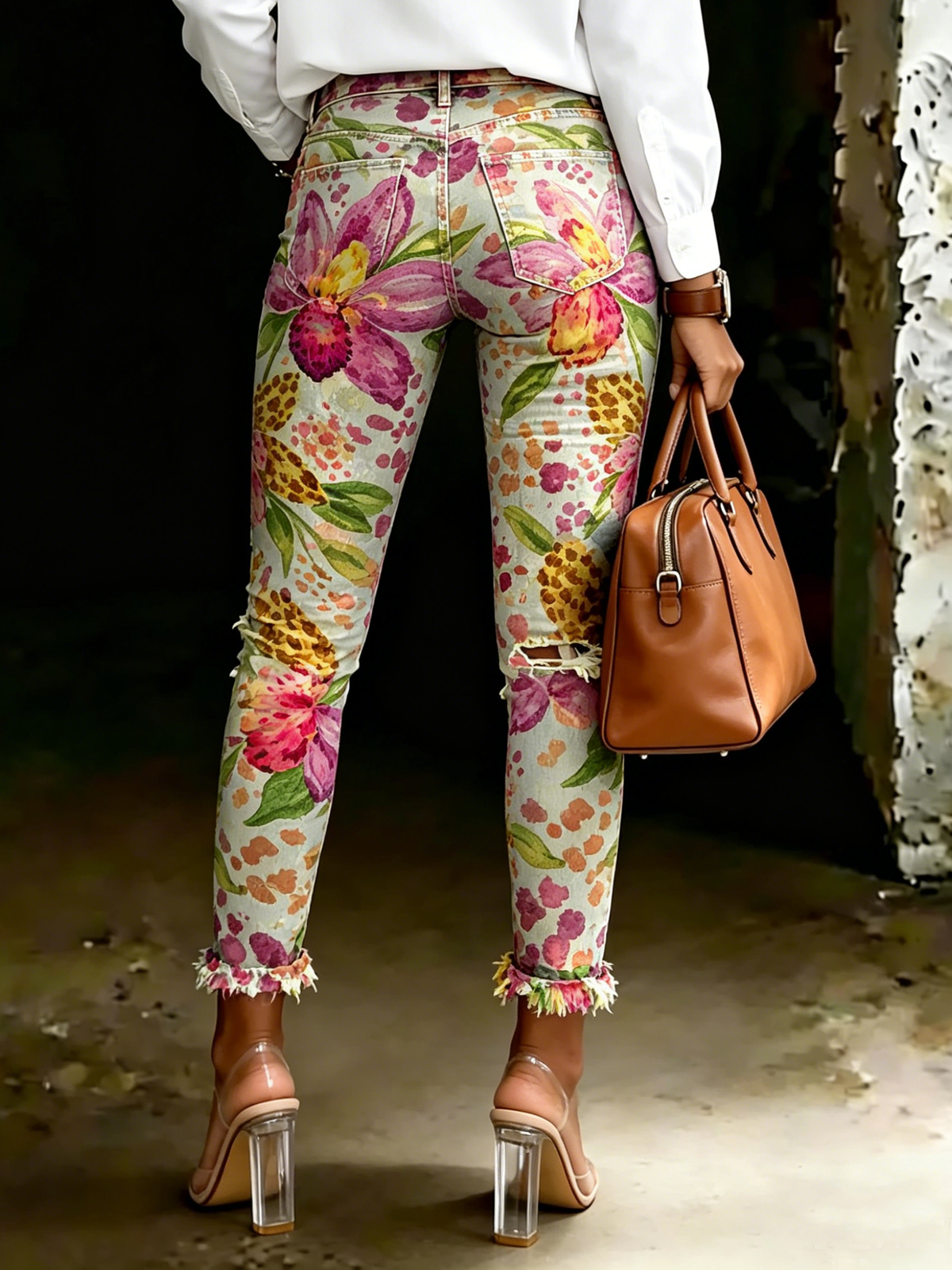 Women's Retro Ditsy Floral Art Ripped Skinny Jeans