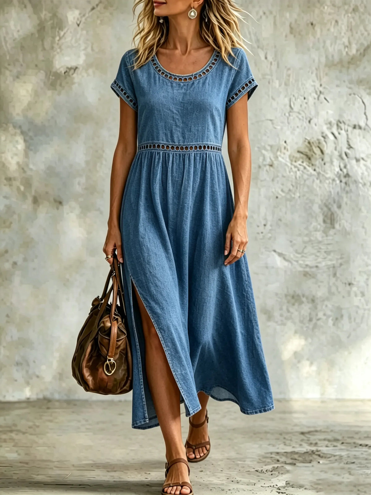 Women's Casual Lace Trim Short Sleeve Maxi Denim Dress