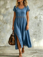 Women's Casual Lace Trim Short Sleeve Maxi Denim Dress