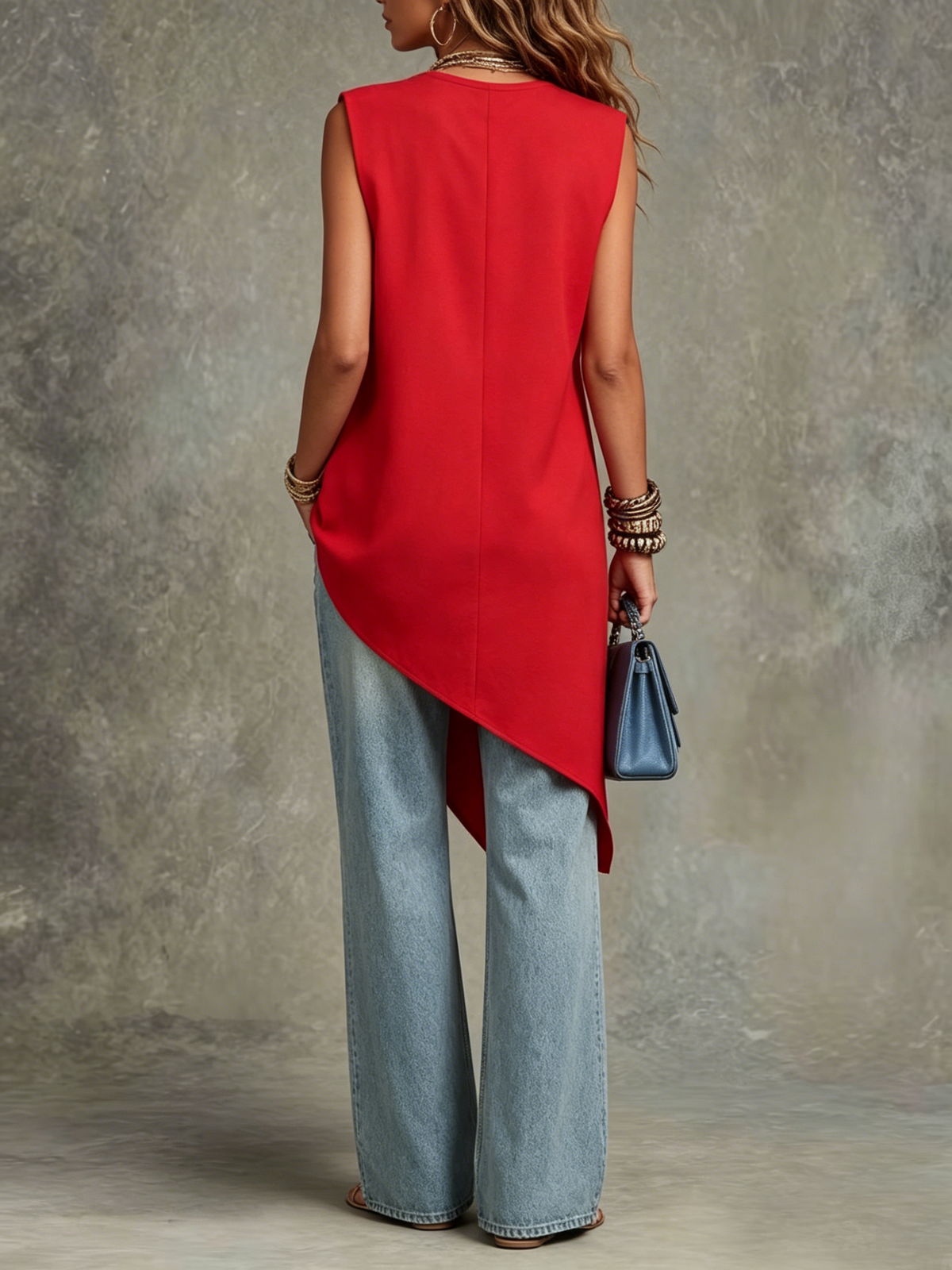 Women's Sleeveless Red Belted Top Jeans Set