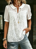 Women's Cotton-linen Blend Floral Peter Pan Collar Puff-sleeve Shirt