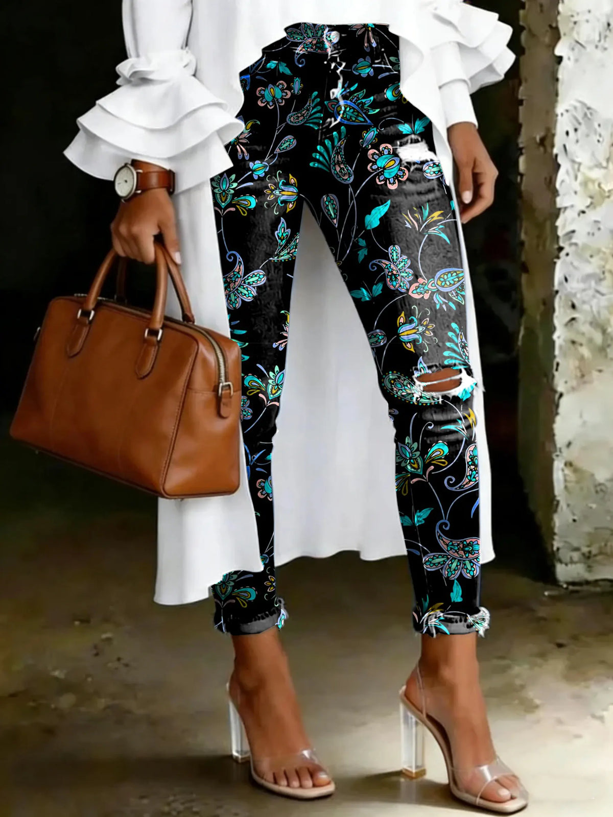 Women's Vintage Floral Print Casual High-waisted Ripped Skinny Jeans