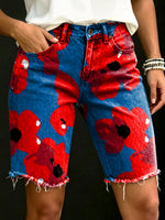 Women's Vintage Poppy Floral Art Print Casual Denim Shorts