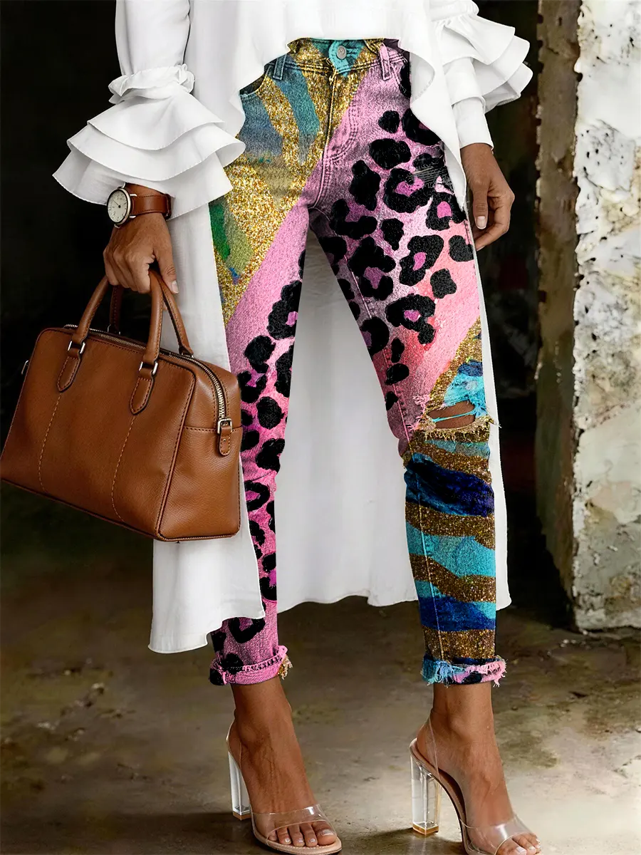 Women's Fashion Casual Multicolor Leopard Print Ripped Skinny Jeans