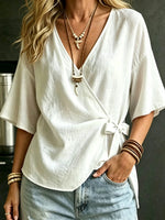 Women's Elegant V Neck Side Bow Knot Tie Shirt
