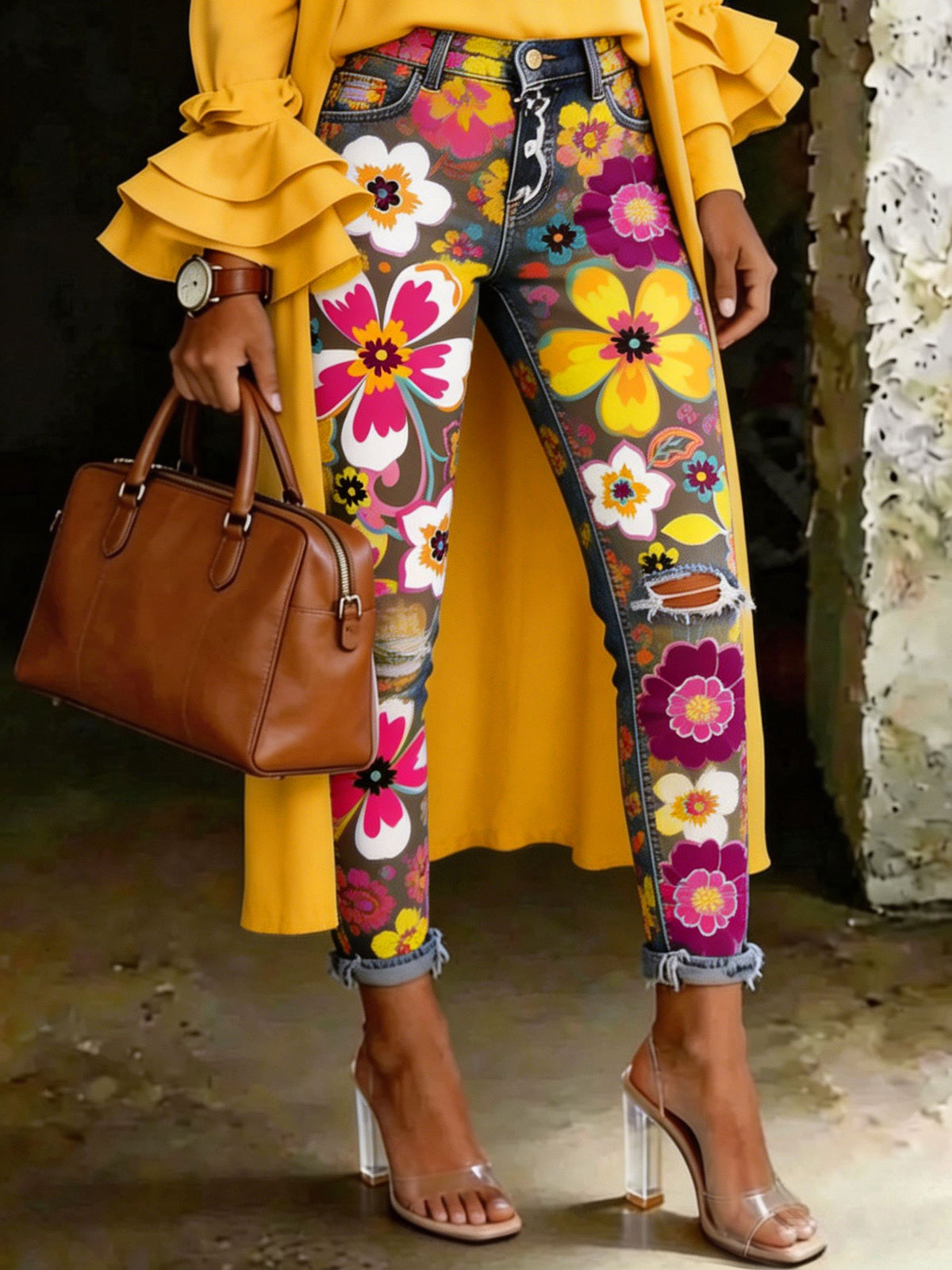Women's Floral Art Print Art Ripped Skinny Jeans