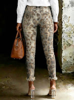 Women's Floral Leopard Print Art Ripped Skinny Jeans