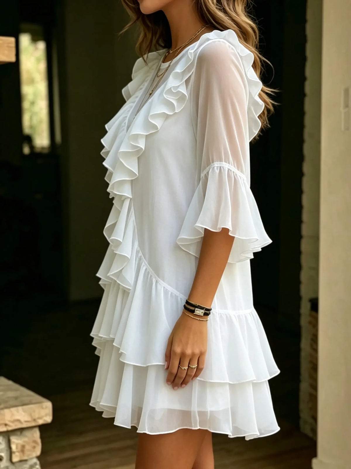 Chiffon Ruffle Flounce Mini Dress V-neck Loose Flowy Boho Party Beach