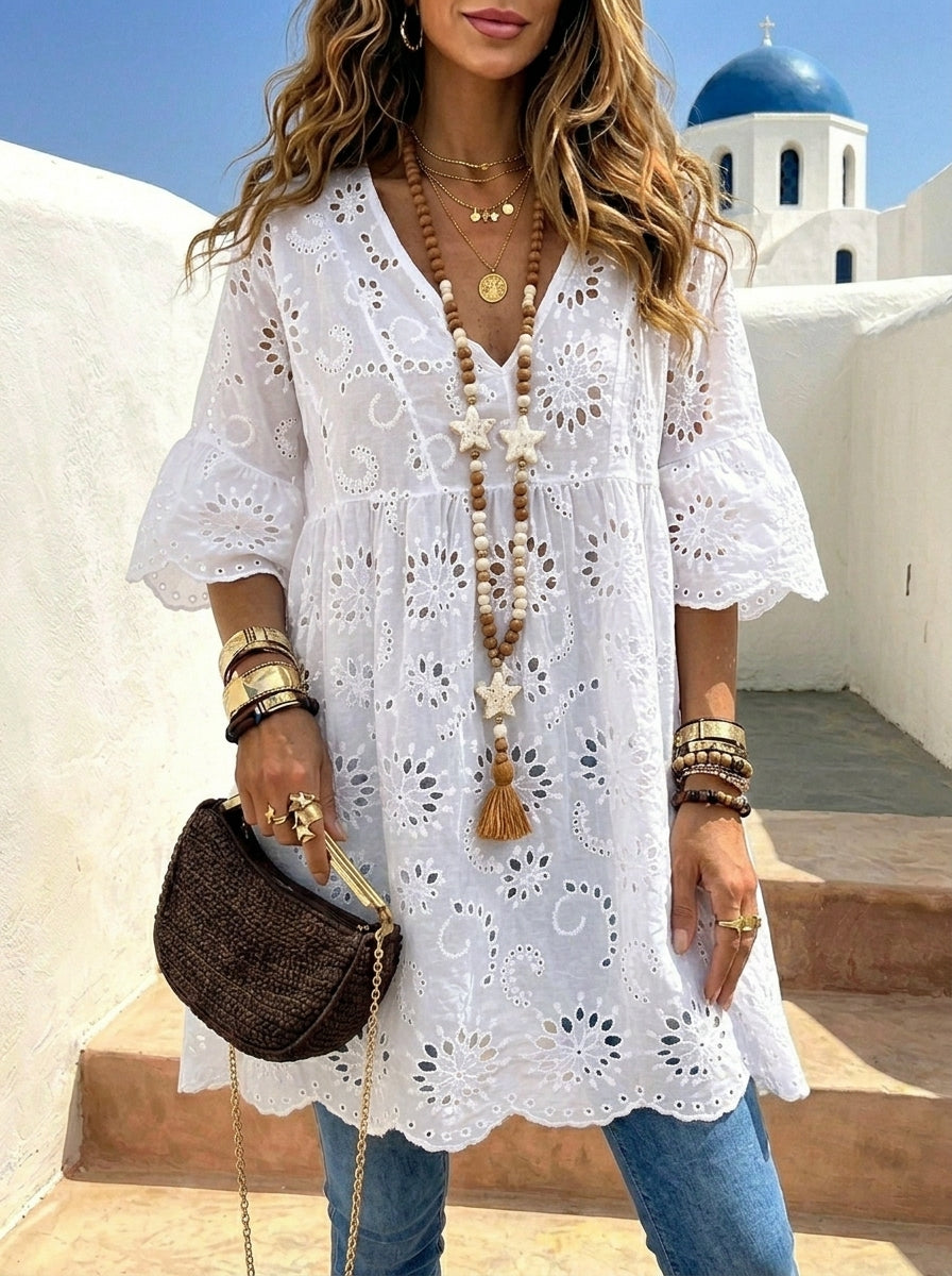 Women's V-neck Lace-up Embroidered Tunic Short-sleeve Top