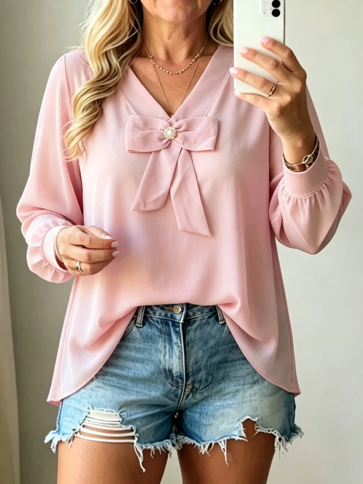 Women's V-neck Long Sleeve Shirt With Decorative Bow
