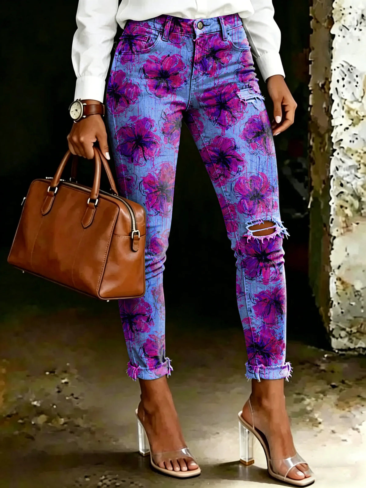Women's Vintage Floral Print Casual High-waisted Ripped Skinny Jeans
