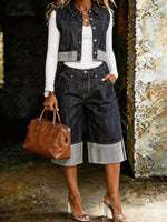 Women’s Casual Stylish Sleeveless Denim Jacket Top And Wide-leg Denim Shorts Set