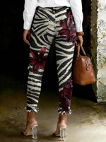 Women's Floral Zebra Print Art Ripped Skinny Jeans
