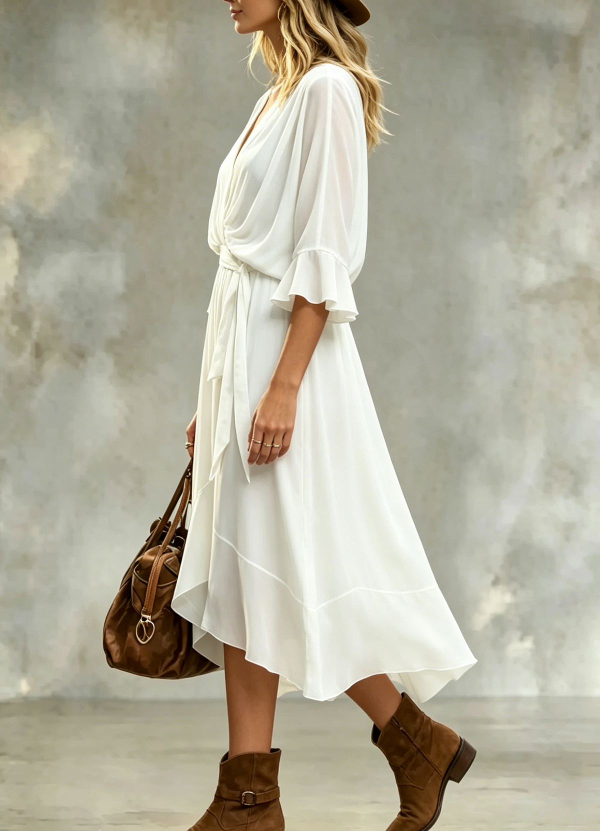 Elegant V-neck Wrap Midi Dress With Ruffle Sleeves