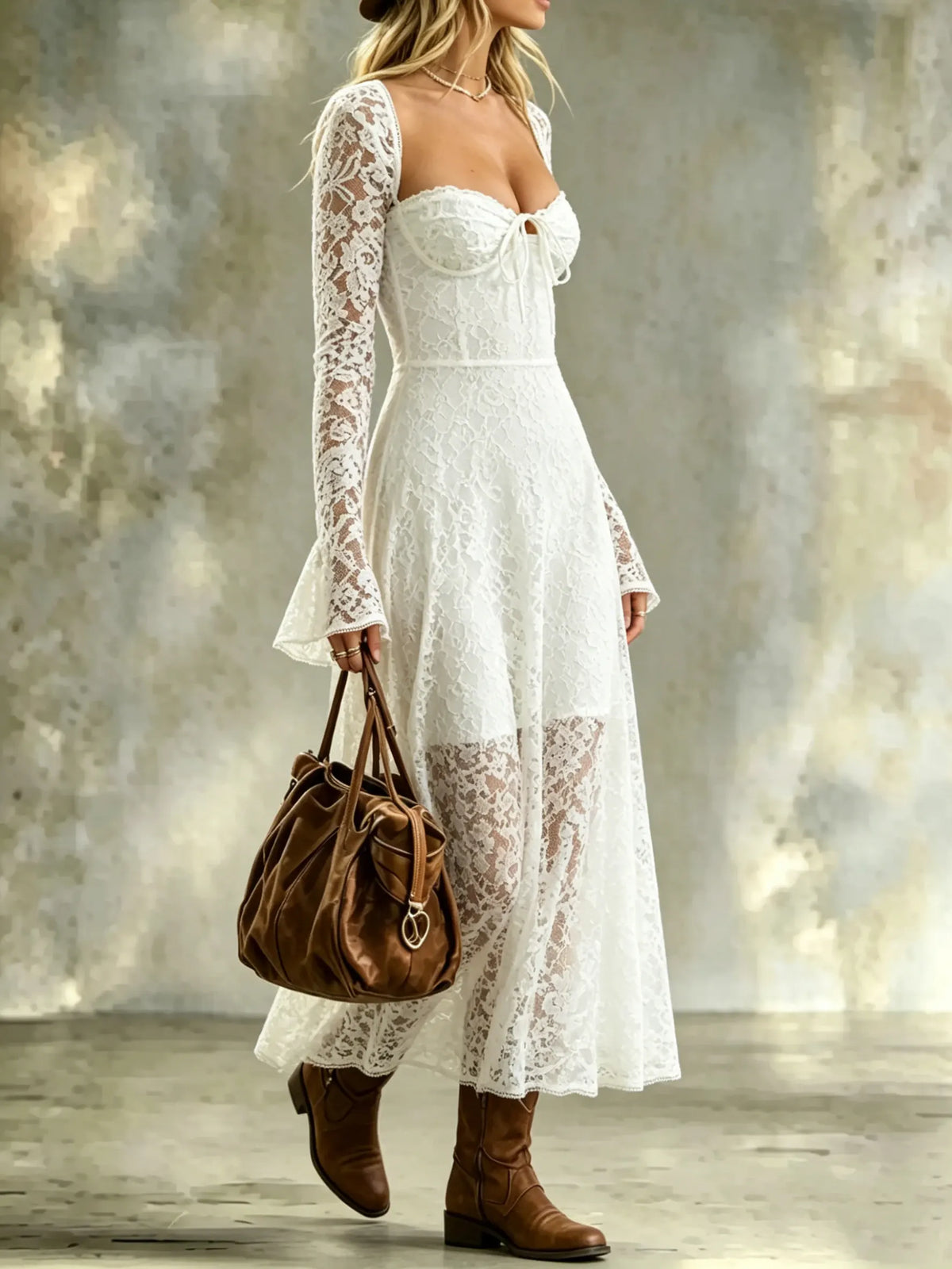 Women's Long Sleeve Fairy Square Neck Lace A-Line Dress