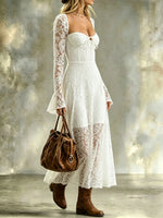 Women's Long Sleeve Fairy Square Neck Lace A-Line Dress