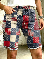 Women's Vividly USA Independence Day Totem Art Print Casual Denim Shorts