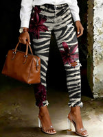Women's Floral Zebra Print Art Ripped Skinny Jeans