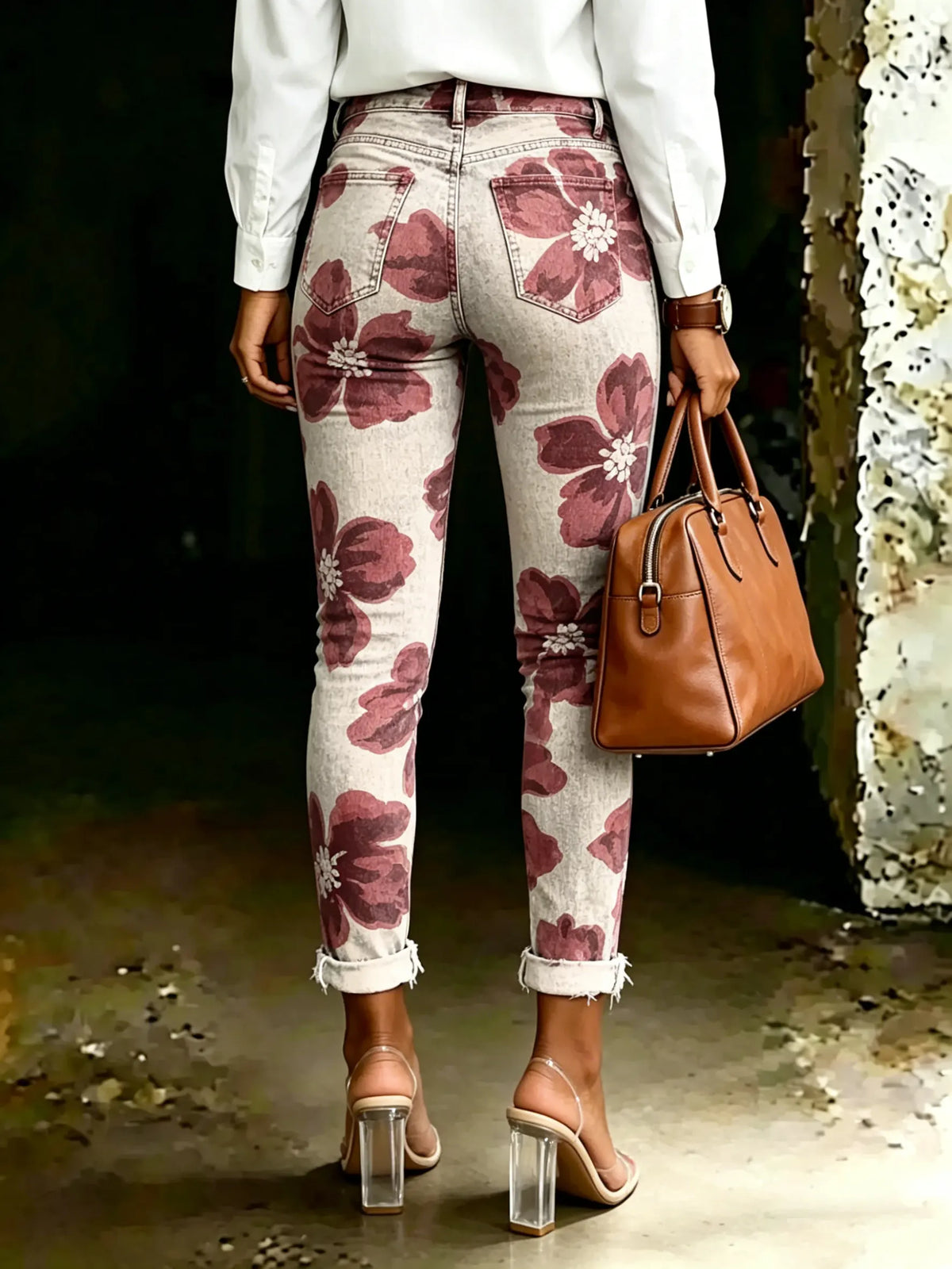 Women's Vintage Floral Print Casual High-waisted Ripped Skinny Jeans