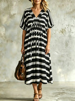 Women's Black and White Striped V-Neck Midi Dress - Casual Loose Fit Short Sleeve Caftan Maxi Dress